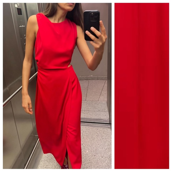 NWT. Zara Red Cut Out Ruched Midi Dress. Size S. - Picture 3 of 10